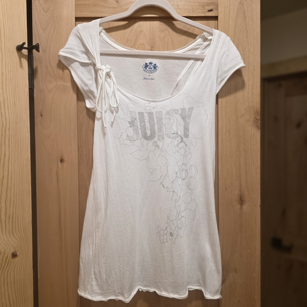 y2k Vintage Juicy Couture White & Gray Babydoll Graphic Tee 2000's mcbling